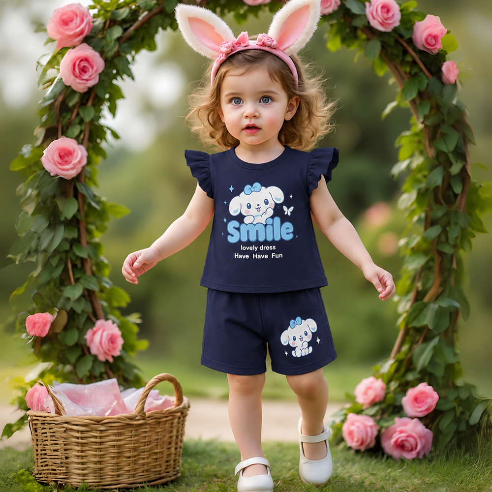 Girls Black Smile Printed T-Shirt & Shorts Set-0177