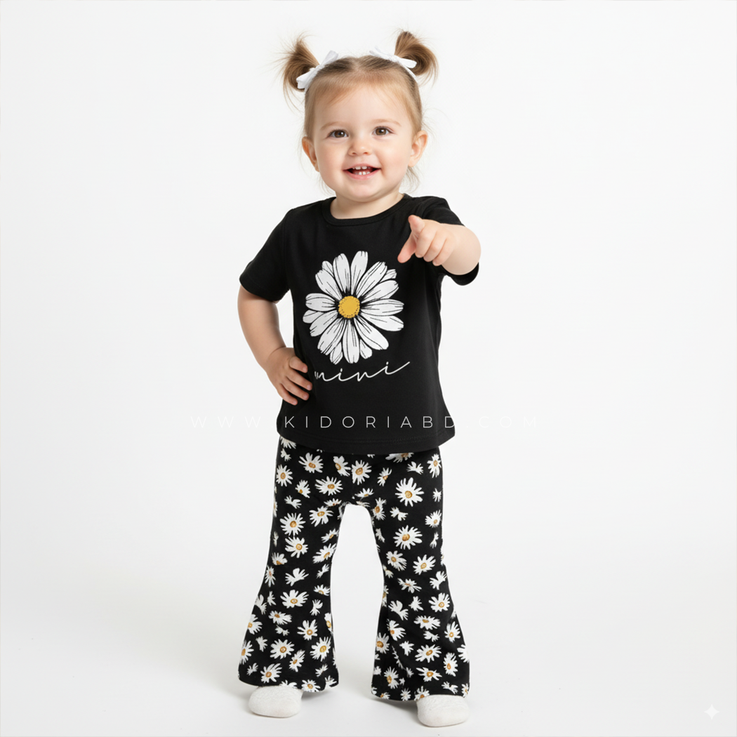 Kidoria Black Daisy Pointed Shirt T-shirt and Matching Pants 2pcs Set (6m-12yrs)