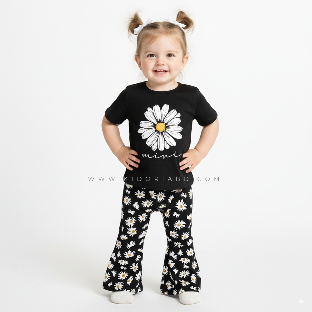Kidoria Black Daisy Pointed Shirt T-shirt and Matching Pants 2pcs Set (6m-12yrs)