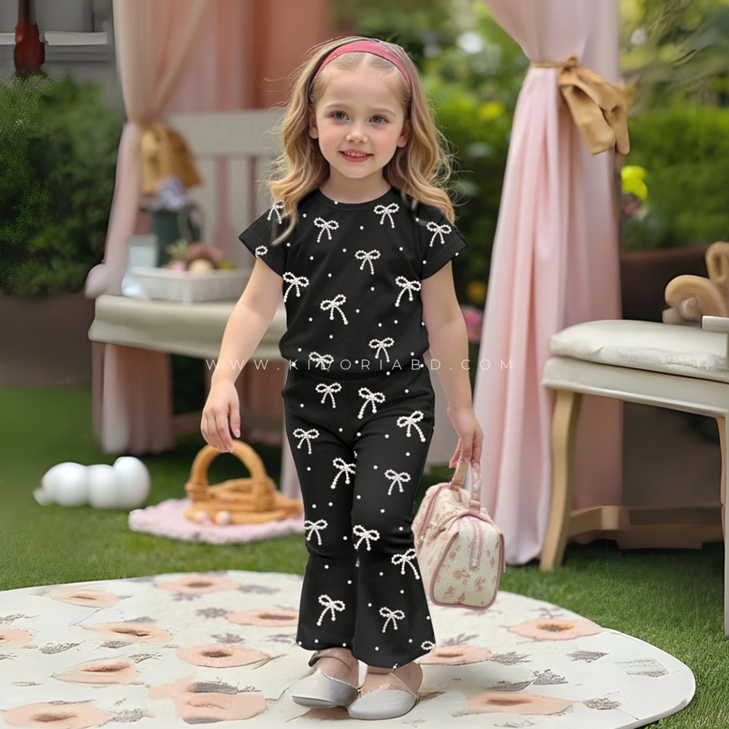 Kidoria Black Pearl Bow Print Shirt & Pants 2pcs Set For Baby Girl (1yrs-12yrs)