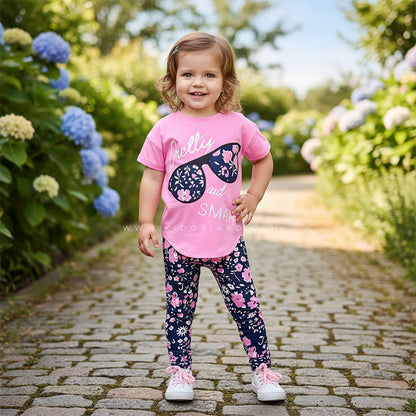 Kidoria Pink Graphic T-Shirt and Navy Floral Pants 2pcs Set For Baby Girl (6m-12yrs)