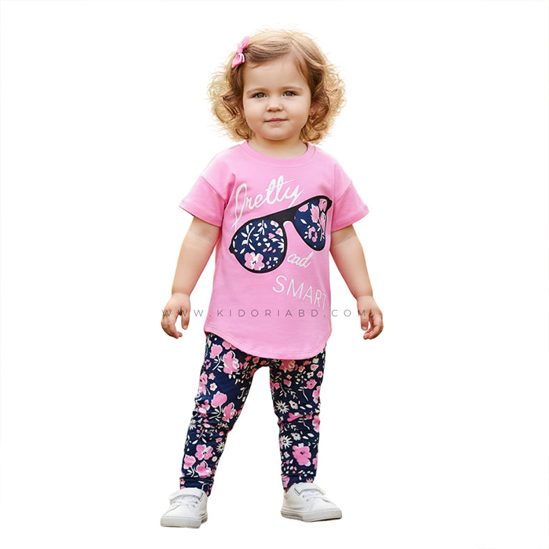 Kidoria Pink Graphic T-Shirt and Navy Floral Pants 2pcs Set For Baby Girl (6m-12yrs)
