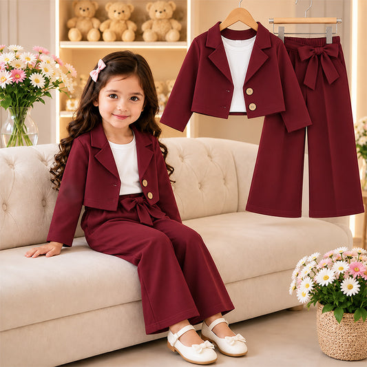 Girls Premium Blazer and Wide Leg Pants Set (Maroon)