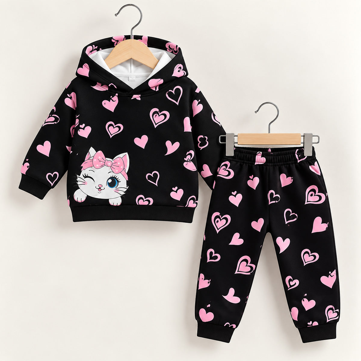 Kids Pink Heart Cat Winter Hoodie and Joggers Set (3M-8yrs)