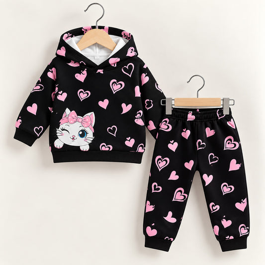 Kids Pink Heart Cat Winter Hoodie and Joggers Set (3M-8yrs)