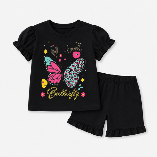 Girls Butterfly Printed Graphic T-Shirt & Shorts Summer Co Ord Set-0172
