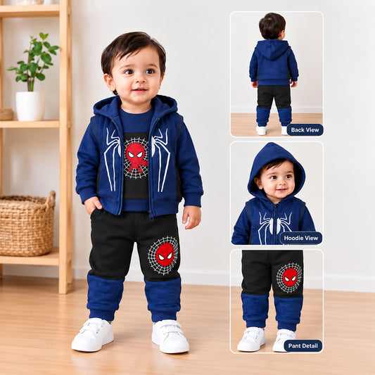 Boys Blue Spiderman Zipper Hoodie+Sweatshirt+Pant 3 Pcs Set