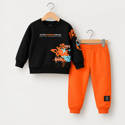 Kids Black Printed Graphic Sweatshirt and Orange Jogger (3M-8Years)