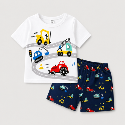 Boys Construction Vehicle Printed T-Shirt & Shorts 2Pcs Set
