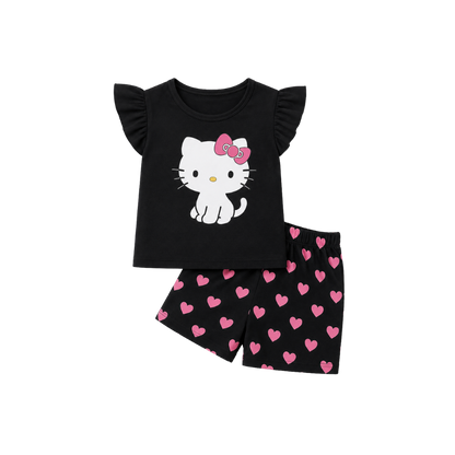 Girls Black Smile Printed T-Shirt & Shorts Set-0178