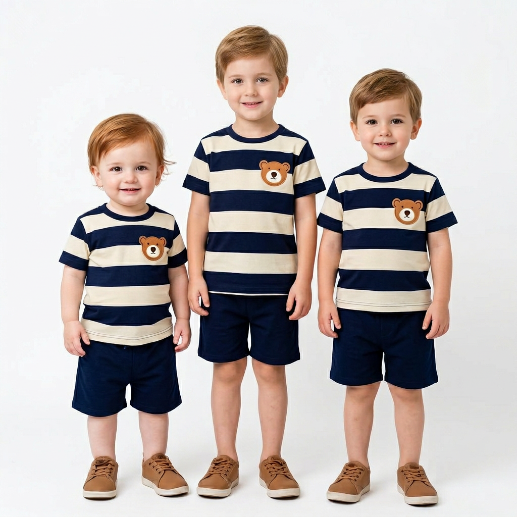 Boys Striped  Bear Printed T-Shirt & Shorts 2pcs Set (3mths-7yrs)-0028