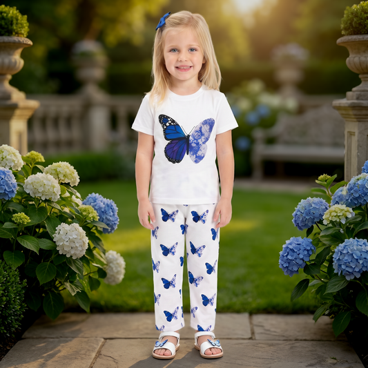 Young girl in a garden wearing a white outfit with blue butterfly patterns.