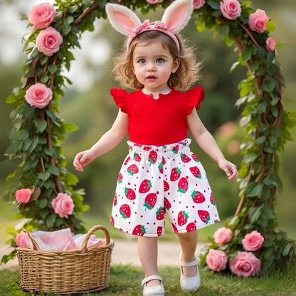 Girls Red Top & Strawberry Print Shorts 2pcs Set (3mths-6yrs)-0018