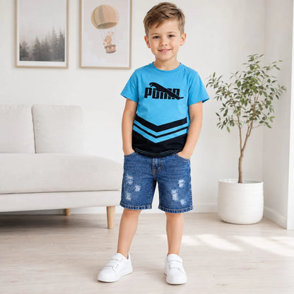 Boys Blue Sports Tee & Ripped Denim Shorts Set (1years-7yrs)-0163D