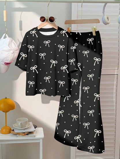 Kidoria Black Pearl Bow Print Shirt & Pants 2pcs Set For Baby Girl (1yrs-12yrs)