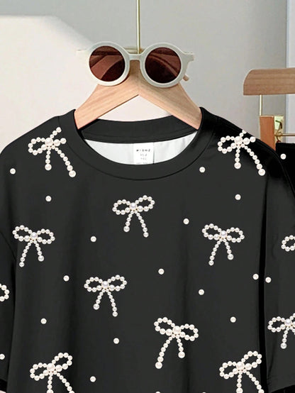 Kidoria Black Pearl Bow Print Shirt & Pants 2pcs Set For Baby Girl (1yrs-12yrs)