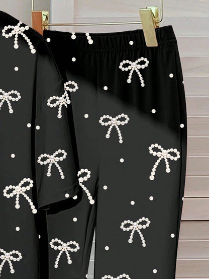 Kidoria Black Pearl Bow Print Shirt & Pants 2pcs Set For Baby Girl (1yrs-12yrs)