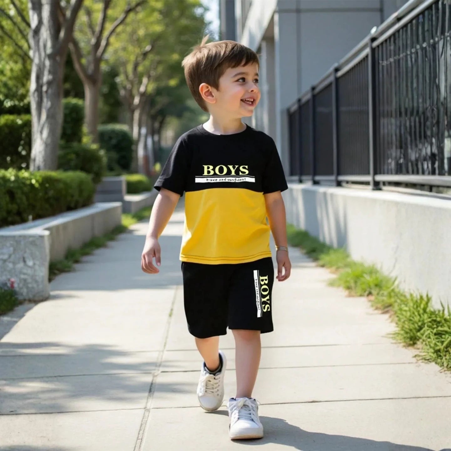 Child wearing a black and yellow 'BOYS' t-shirt and shorts walking outdoors.