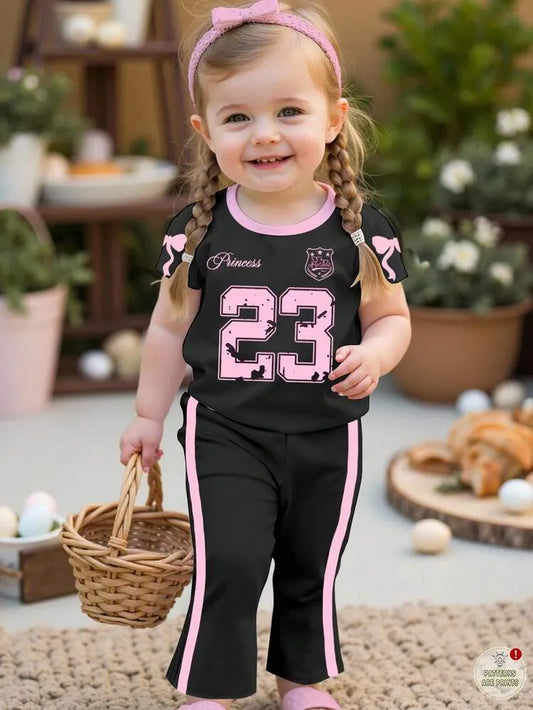 Girls Black & Pink “23” Graphic Printed T-Shirt with Full-Length Pants 2pcs set (1yrs-12yrs)-0107