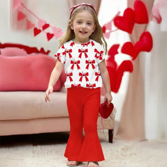 Girls Bow Print Top & Flared Pants Set (2yrs-12yrs)