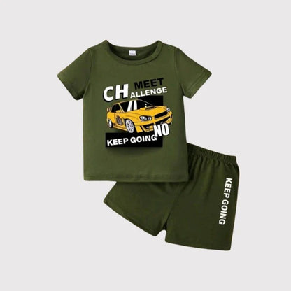 Stylish Kids Green “Keep Going” Car Printed T-Shirt & Matching Shorts 2pcs Set (3mths-6yrs)-0029