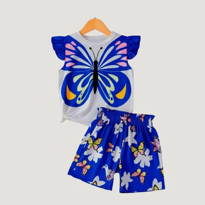 Girls Blue Butterfly Printed  Sleeve T-Shirt and Matching Shorts 2Piece Set(3mths-6yrs)-0035