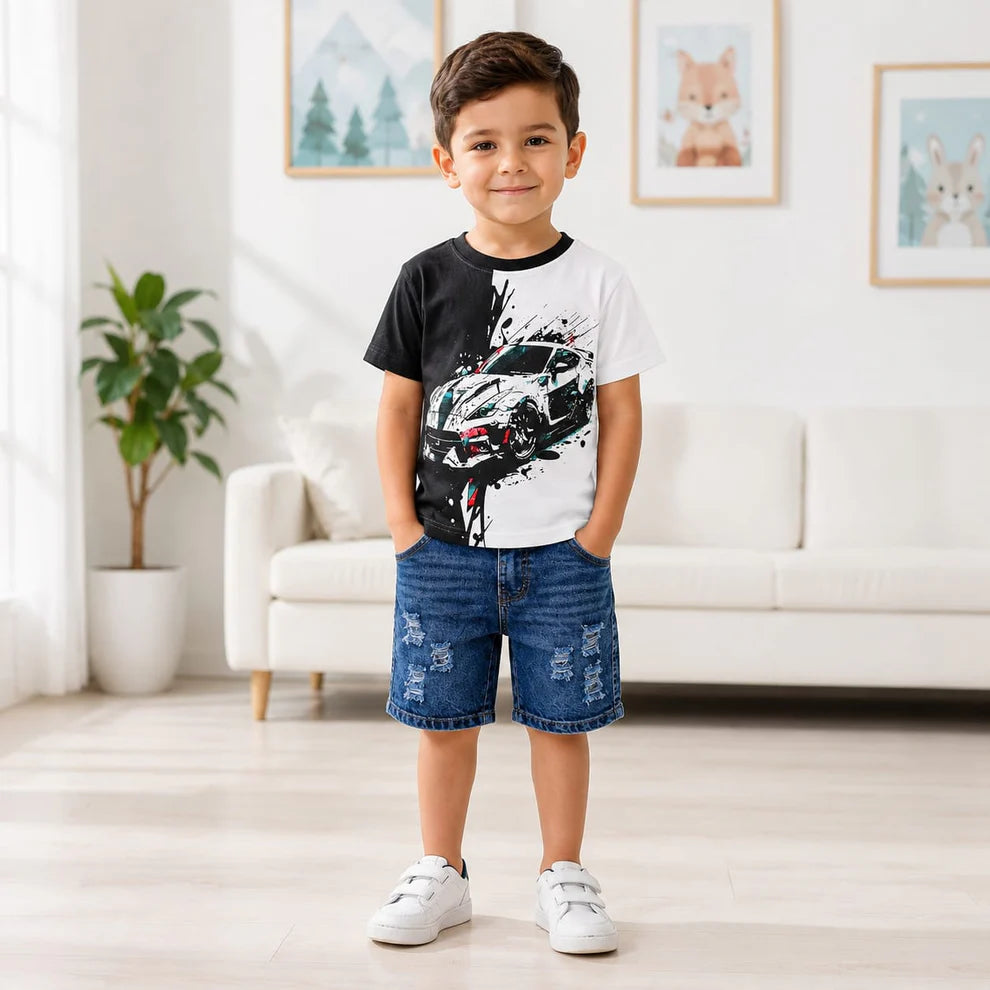 Boys Black & White Sports T-Shirt & Ripped Denim Shorts Set (1years-7yrs)-0163D
