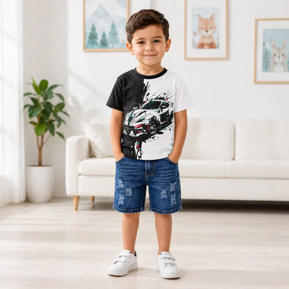 Boys Black & White Sports T-Shirt & Ripped Denim Shorts Set (1years-7yrs)-0163D