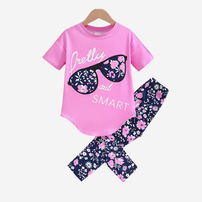 Kidoria Pink Graphic T-Shirt and Navy Floral Pants 2pcs Set For Baby Girl (6m-12yrs)