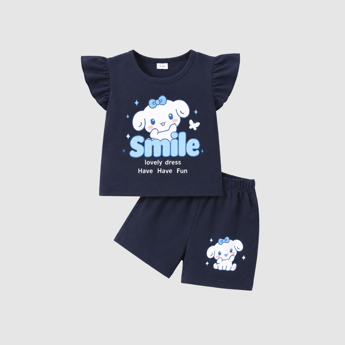 Girls Black Smile Printed T-Shirt & Shorts Set-0177