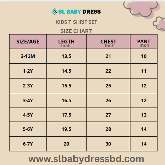 Baby & Kids 2pcs  Size Chart  (3mths-7yrs)